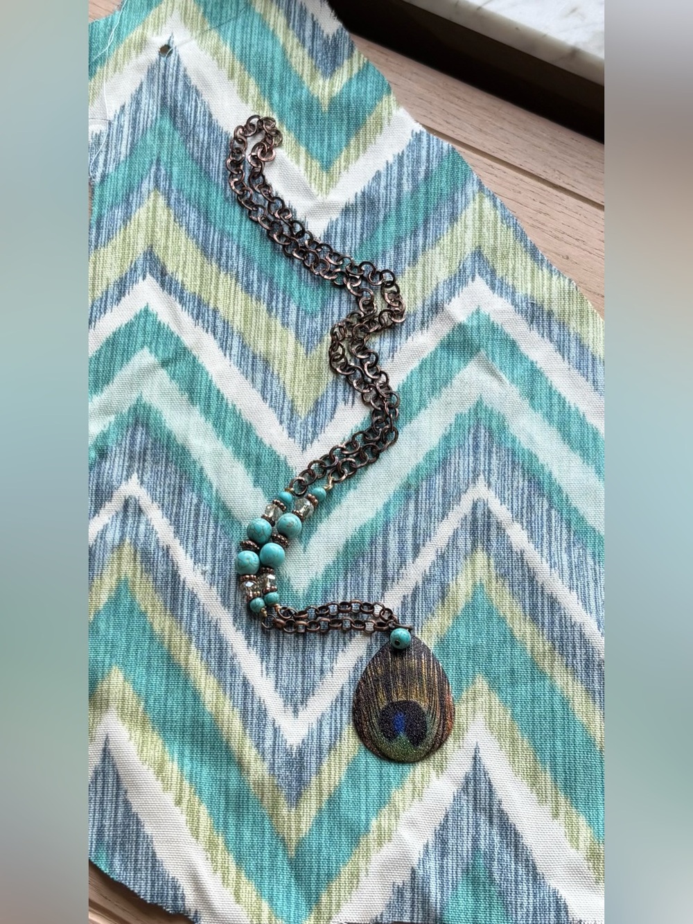 Whimsey Coastal Vintage Beachy Antique Copper Teardrop Feather Pendant Necklace